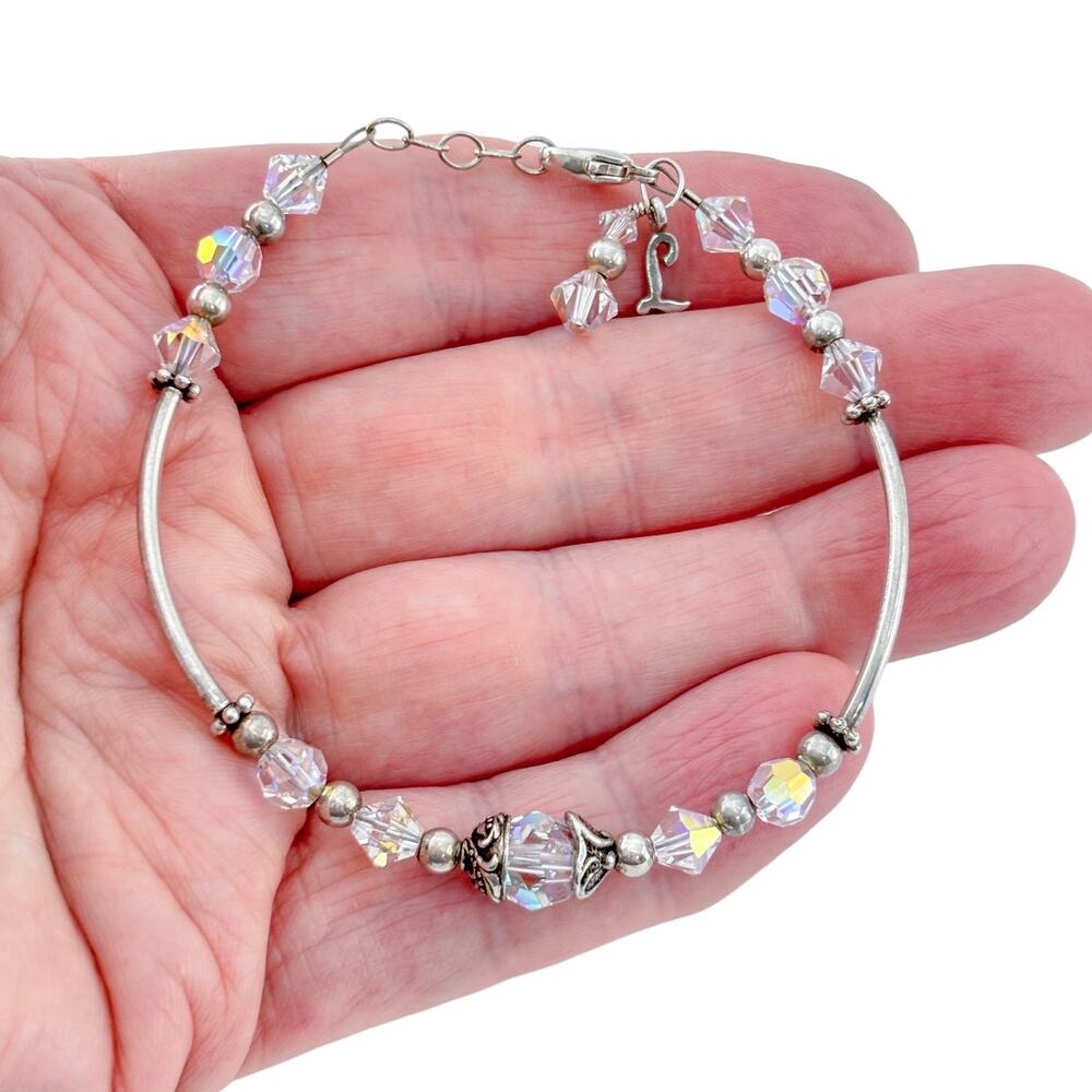 Vintage Sterling Silver 925 Crystal Bead L Charm Bracelet 7.5"-8"